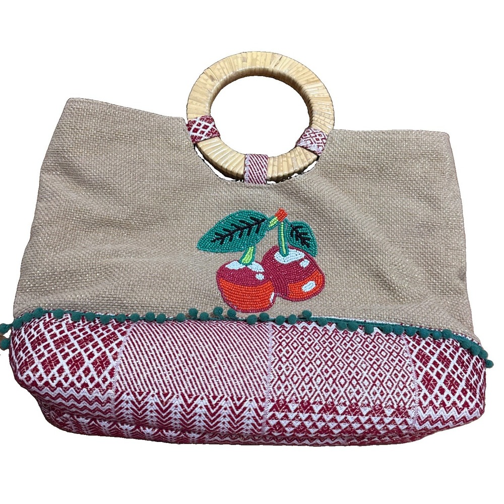 Express Edit Beaded Cherries Bag Burlap Shimmer Wicker Handles Shoulder Strap